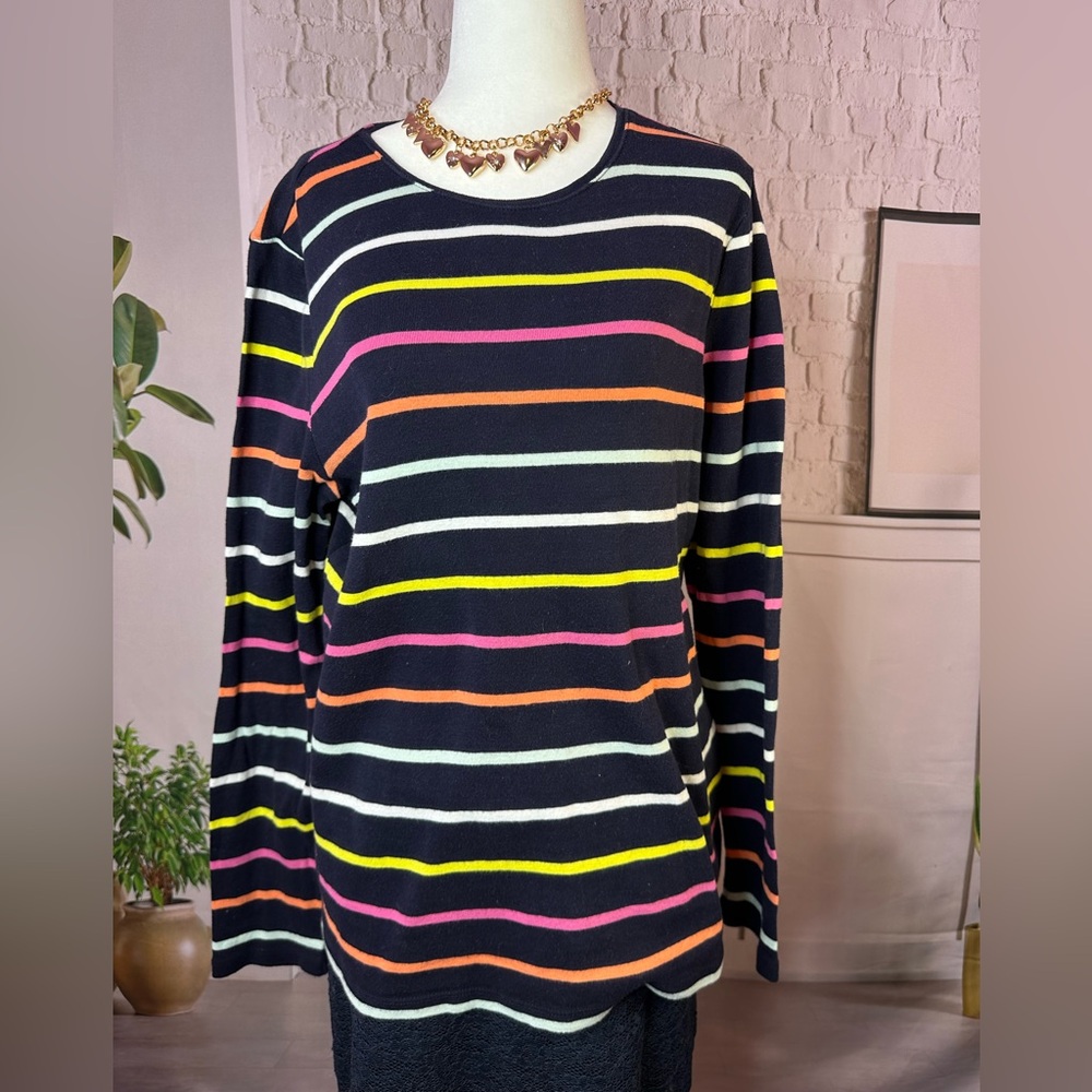 Talbots Navy and Orange Striped Tee large 100% cotton
